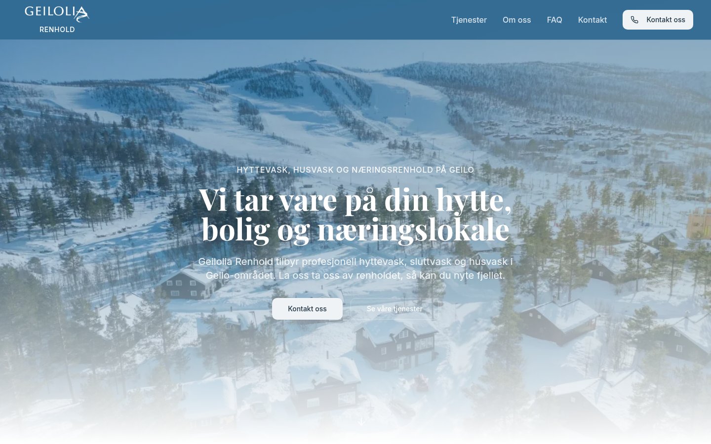 Forsiden til Geilolia Renhold med snødekt skibakke på Geilo